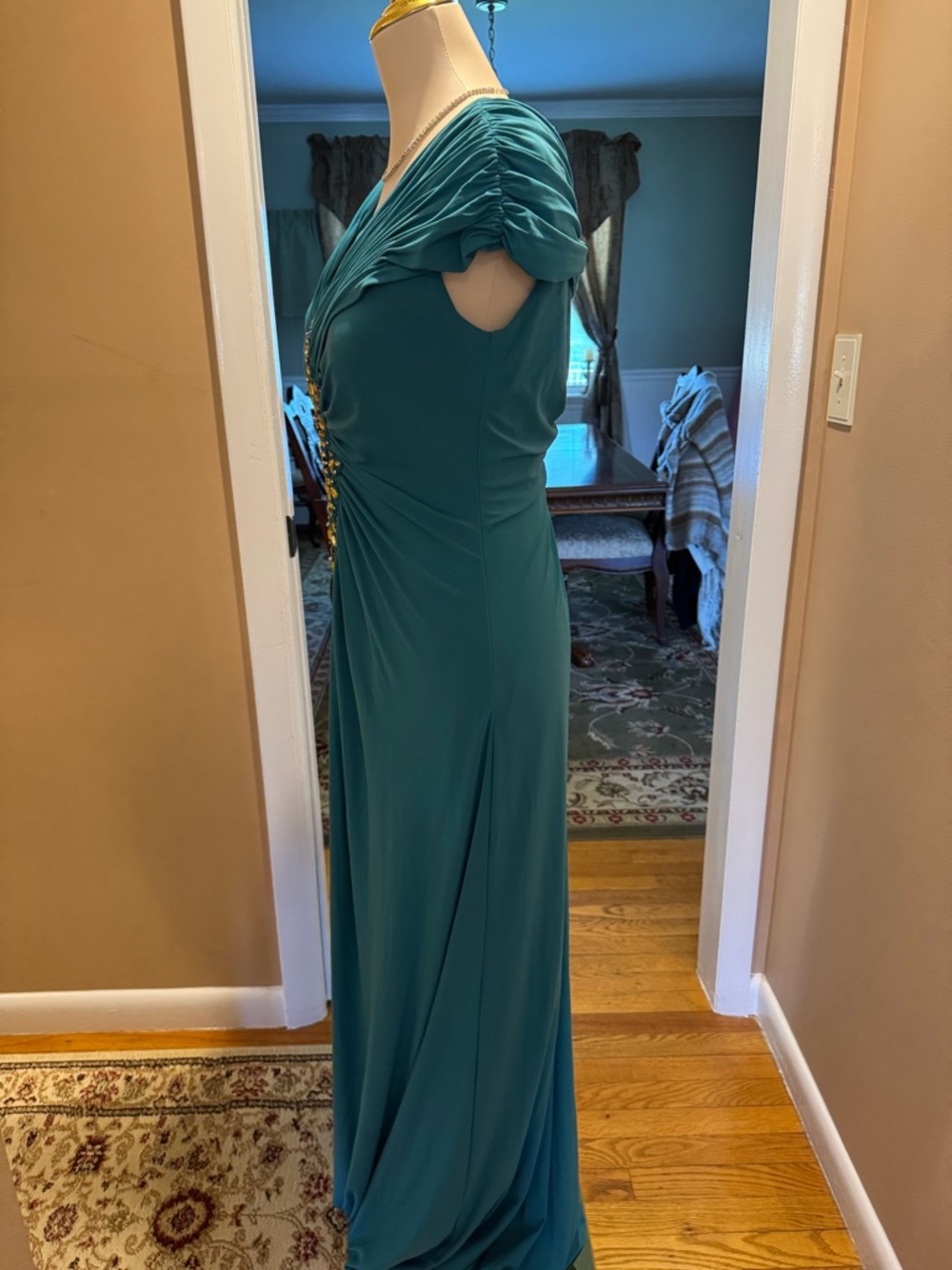 Teal Ruched V-Neck Evening Gown with Embellished Front - Picture 2 of 3
